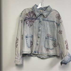 Mystree Light Blue Denim Jacket with Lavender Script and Floral Accent